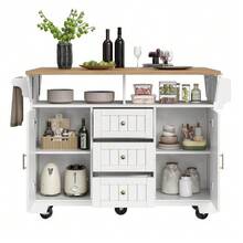 Kitchen Island, Cabinet, Sideboard 120 X 40 (80) X 95 Cm, Extendable Kitchen Trolley With Wheels, Extendable On Both Sides, With Towel Rack And Spice Rack, Two Doors, Three Drawers, Black And White. - White - View 1