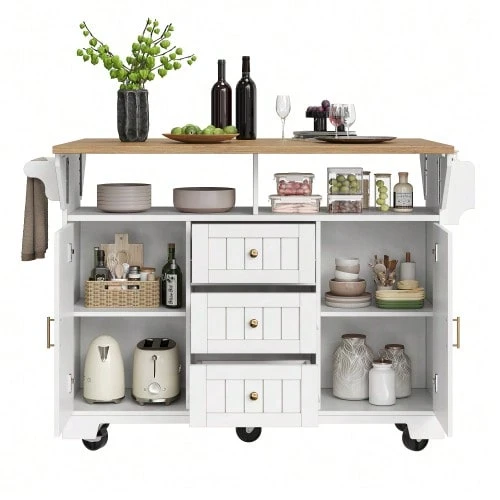 Kitchen Island, Cabinet, Sideboard 120 X 40 (80) X 95 Cm, Extendable Kitchen Trolley With Wheels, Extendable On Both Sides, With Towel Rack And Spice Rack, Two Doors, Three Drawers, Black And White. - White - View 1