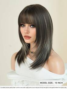 7JHH WIGS 摩卡棕色分层假发，女士款，18英寸优雅齐肩直发，带刘海，混合米色发丝，自然柔软，耐热蓬松，无胶合成纤维假发，适合日常佩戴，新手假发配件，母亲节礼物 - 挑染米色 - 查看 4