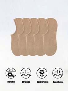 5 Pairs Women's Light Beige Solid Color Soft & Skin-Friendly Non-Slip Comfortable Minimalist Invisible Liner Socks, Suitable For Daily & Home Wear - Apricot - View 3
