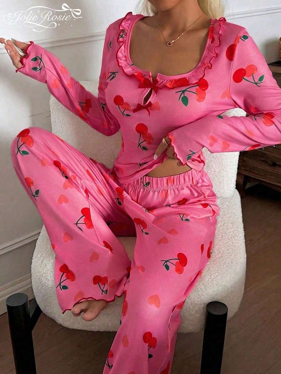 2件套女士休闲樱桃印花荷叶边长袖方领家居服套装，秋季