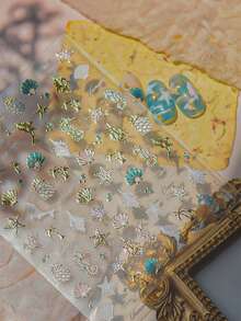 1片春夏海灘度假貝殼壓紋美甲貼紙，美甲師必備，5D 3D 金箔工藝，清新幻彩海螺美甲裝飾圖案，DIY 美甲貼紙，精緻美甲配件女性禮物，夏秋日常美甲貼紙 - 金色 - 查看 8