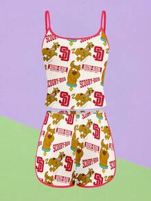 SHEIN X SCOOBY-DOO Women's Cute Cartoon Print Camisole Tank Top And Contrast Trim Shorts 2 Pieces Set Red Elegant Summer - Red - View 1