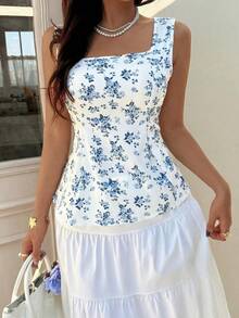 Blusa sin mangas de cuello cuadrado con estampado, de longitud regular, de tela no elástica, adecuada para uso casual de verano - Blanco - Ver 3