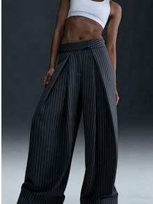 Pleated Striped Flared Pants, High-Waisted Slimming Draping Commuter Wide-Leg Trousers Spring - Grey - View 4
