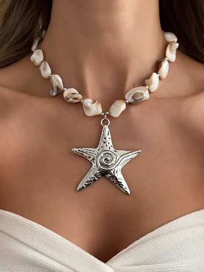 1件夏季海洋度假风海星吊坠项链，个性化沙滩贝壳颈链