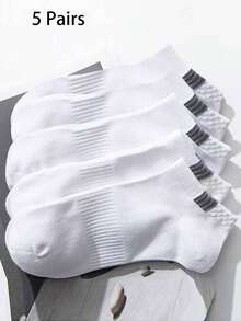 5 Pairs Striped Pattern Ankle Socks, Unisex Accessories - White - View 4