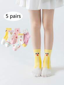 5双装女童卡通水果字母印花透气网眼中筒袜，清爽百搭可爱袜子，学生日常休闲穿着 - 彩色 - 查看 1