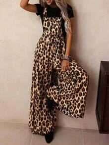 2026 女士复古豹纹可调节肩带休闲百搭阔腿连体裤，适合春、夏、秋、冬四季穿着，日常、旅行、派对皆宜，是女士必备时尚单品。 - 棕色 - 查看 1
