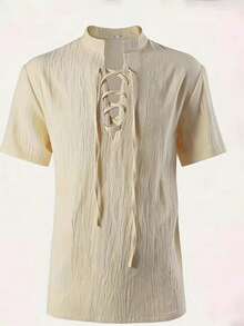 Men's Solid Color Cross Tie Textured Short Sleeve Shirt - Apricot - View 1