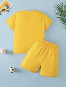 2pcs/Set Boys' Sports Outfit, Short Sleeve T-Shirt & Mesh Breathable Shorts, Loose Fit, Suitable For 4-12 Years Old, Summer Sports Wear For Basketball, Football - Yellow - View 2