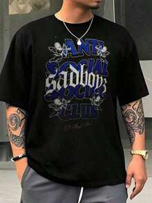 Men's Shirts, Men's Clothing, Men's Shirts, Anti Social Sadboys Club 180G Black And White T-Shirt, Angel Design, High Quality Print, Round Neck, Basic Loose Fit, For Men And Women, Breathable, Versatile, Machine Washable, Comfortable, S-5XL, Daily, Casual, Sporty, Summer Essential.Men's T-Shirt, Women's Sweatshirts, Loose, Casual And Versatile Top T-Shirt - màu đen - Xem 2