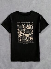 Floral Alphabet Combined Print Short Sleeve Casual T-Shirt For Summer BUT SEEK FIRST HIS KINGDOM AND HIS RIGHTEOUSNESS AND ALL THESE THINGS WILL BE ADDED TO YOU Matthew 6: 33 Graphic Tees Women Tops woman Todo tipo de impresiones, chaqueta, camiseta de cuello redondo, casual, para oficina, para viajar, muy popular, viento deportivo, estampado/patrón, camiseta de algodón 100%, camiseta casual, cómoda, suave, transpirable The latest popular bestseller - Negro - Ver 5