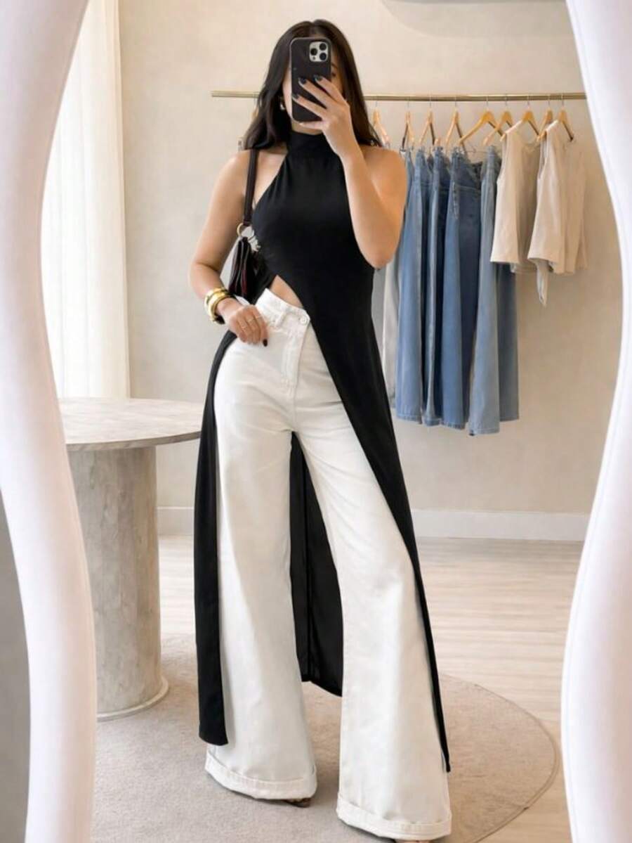Women's Longline Blouse With Asymmetrical Side Cutout, High Neck, Elegant, Flowy, Modern - 黑色 - 查看 1