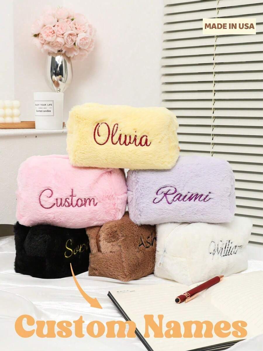 Personalized Fluffy Makeup Bag, Quilted Fluffy Cosmetic Bag, Fuzzy Makeup Bag, Solid Color Cosmetic Pouch, Embroidered Name Fluffy Cosmetic, Personalized Gift, Toiletry Bag Women, Makeup Bag, Fluffy Bag Pouch Travel Bag,Multi-Functional,Ornamental,Letter,Solid Color,Exquisite,Stylish,Vintage,Modern,Colorful,Leisure,Basics,Casual,Soft,Unique,Customized,Personalized,Custom,Ideal Gifts For Her,Girlfriend,Her,Boyfriend,Friends,Chic Autumn,Christmas Beauty Accessories - 彩色 - 查看 1