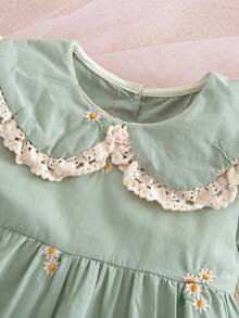1pc Girls Embroidered Short Sleeve Dress, Ruffle Collar Casual Elegant Dress For Toddler & Young GirlSummer - Green - View 4