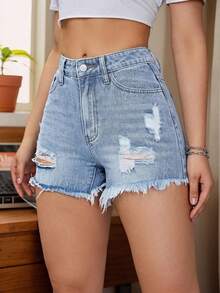 Women's Denim Shorts: Denim Shorts With Rips And Frayed Edges, Vacation Style - Blue - View 4
