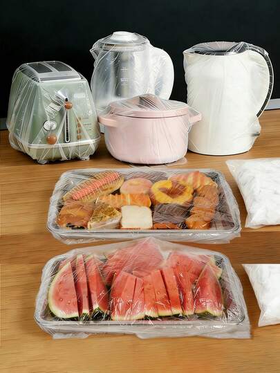 200pcs Large Transparent Food Preservation Film Covers, Food Tray Preservation Film Covers, Kitchen Food Covers, Plastic Bags, Food Storage Bags, Bread Covers, White Food Covers, Plastic Packaging Film, PE Preservation Film Bags, Kitchen Storage, Household Plastic Packaging