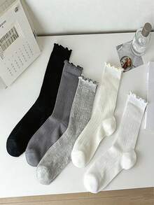 1 par de calcetines suaves y esponjosos acanalados, hechos de algodón peinado, ligeros y transpirables, adecuados para estudiantes y viajes, calcetines versátiles de media pantorrilla - Multicolor - Ver 2