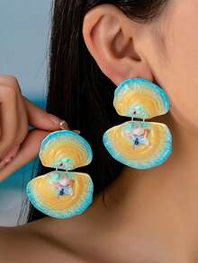 1 Pasang Anting Pantai Boho - Enamel Gradien Dua Lapisan dengan Bintang Laut - Perhiasan Pernyataan Bertema Bahari - kerang - View 3