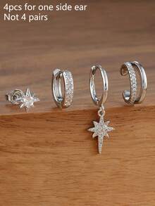 4件套优雅闪亮锆石星形耳环套装，时尚耳钉耳骨饰品 - 4pcs-Silver-14# - 查看 2