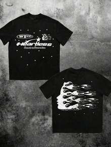 Double-Sided Digital Flame Face Printed-Shirt With  Motif Breathable-Shirt|   Avant-Garde Casual Wear 1Pcs Casual Soft Short Sleeve% Cotton 220gsm SYRR - 黑色 3 - 查看 1