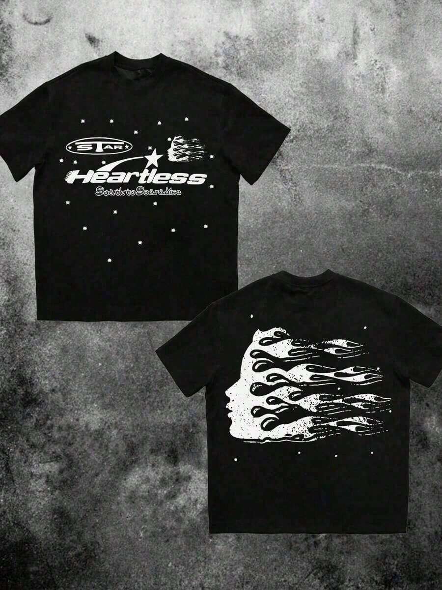 Double-Sided Digital Flame Face Printed-Shirt With  Motif Breathable-Shirt|   Avant-Garde Casual Wear 1Pcs Casual Soft Short Sleeve% Cotton 220gsm SYRR - 黑色 3 - 查看 1