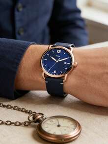 Fossil Đồng hồ nam Quartz dây da ba kim, vỏ thép không gỉ/mặt kính pha lê, FS5274/FS5277 - Màu xanh lam - Xem 5