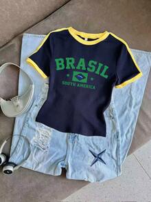 Women's Summer New Minimalist Navy Contrast Yellow Edge LONDON Print Casual Round Neck Short Sleeve T-Shirt, Fashionable And Versatile - Blue - View 2