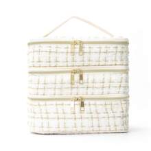 Three-Layer Cosmetic Bag, Large-Capacity Cosmetic Organizer, Quilted Travel Toiletry Bag, Gold Zipper, Women's Portable Makeup Case. This Stylish Three-Layer Cosmetic Bag Features A Sophisticated Quilted Design And Durable Construction, Perfectly Organizing All Your Beauty Essentials. - Multicolor - View 8
