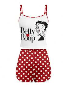 SHEIN X Betty Boop 女款聯名款細肩帶上衣與短褲休閒套裝，將聯名元素融入設計，打造充滿活力且優雅的夏季穿搭 - 彩色 - 查看 8