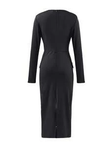 Elegant Solid Color Midi Work Dress, Stretchy Fabric, Notched Collar, Slit, Suitable For Commute, Elegant Occasions, Office, Business Meetings, Birthday, Spring & Autumn - Black - View 8