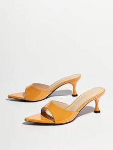 Women's Elegant Sandals, Soft Mirror-Textured One-Strap High Heels, Sexy Waist-Cinching Open Toe Mules, Fashionable Pointed Toe Low Kitten Heels, Suitable For Spring/Summer, Party, Casual, Outdoor, Travel, Gifting, Warm Yellow Color - Mustard Yellow - View 6
