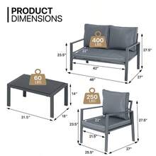 Patio Furniture Set Of 4, Heavy Duty Conversation Sets Outdoor Metal Table And Loveseat Chairs Set With Upholstered Seat And Pillows - 深灰色 - 查看 4