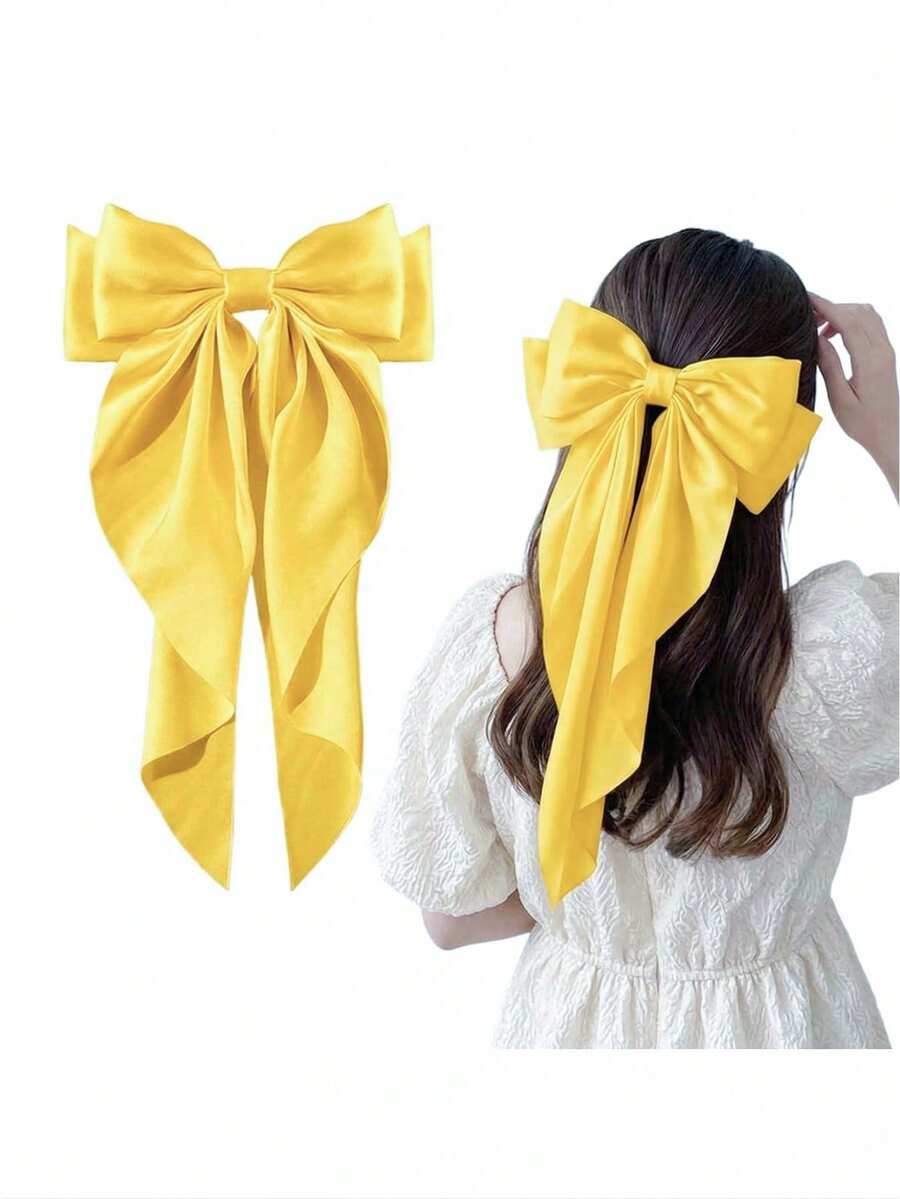 1 pieza Pinza de pelo de satén de seda grande para mujer con cola de cinta larga, Pinza de pelo con lazo blanco/amarillo/negro, Accesorio de pelo para boda, verano, vacaciones, viajes, festivales, cumpleaños