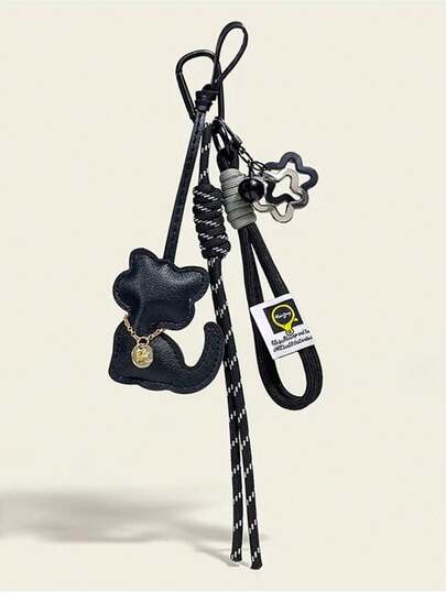 Cat Necklace Charm, Leather Cat Pendant, Acrylic Heart-Shaped Lanyard, Hiking Rope, Keychain, Bag Charm. The Overall Style Is Cool Yet Cute, A Dark And Sweet Vibe, Unisex Design, Suitable For Both Men And Women, And Goes Well With Workwear, Streetwear, And Retro Outfits. It Can Be Used As A Bag Charm, Keychain, Backpack Pendant, Or Even Attached To Luggage For Identification.