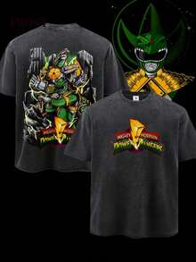 (2PC)WILD PLAY,Mens Creative Power Rangers Green Ranger Print T-Shirt Set American Vintage Full Print Streetwear Essential T-Shirt Set Men Graphic T-Shirt And Shorts Set - màu đen - Xem 2