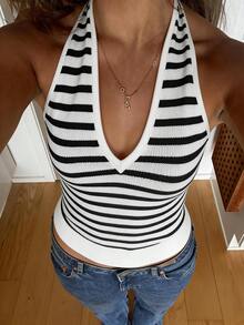 Áo hai dây dệt kim sọc đen trắng không tay cổ chữ V hở lưng dài vừa phải dành cho nữ, chất liệu co giãn nhẹ, thích hợp cho kỳ nghỉ, mùa hè, công sở. - Đen và trắng - Xem 6