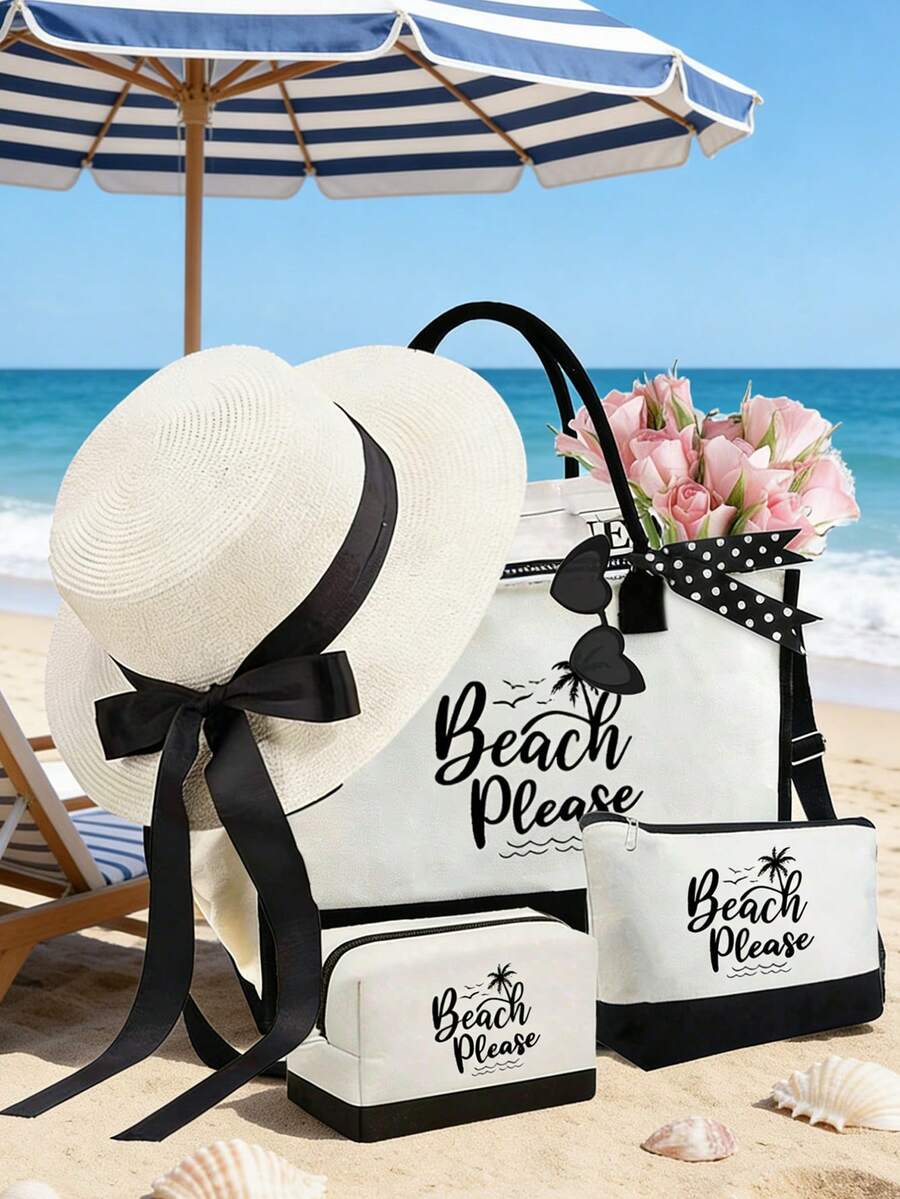黑白拼接沙滩手提袋套装，印有“Beach Please”字样、海星图案，热带夏季设计，大容量手提包，可重复使用沙滩购物袋，适合婚礼、生日、节日等场合，是送给女性、母亲、教师、朋友、伴娘、学生的完美礼物，也是春夏季节、母亲节、返校季、生日的理想之选。