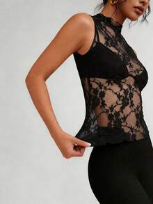 New Arrival Women Lace Turtleneck Mesh Sleeveless Slim Fit Camisole, Spring/Summer/Autumn Black - Black - View 3