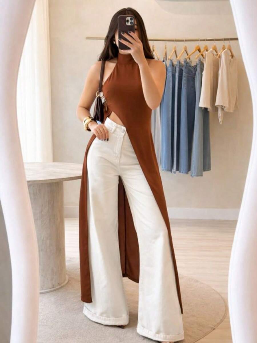 Women's Longline Blouse With Asymmetrical Side Cutout, High Neck, Elegant, Flowy, Modern - 紅陶 - 查看 1
