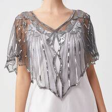 1 pezzo Elegante scialle vintage anni '20 con paillettes, mantella con bordo in pizzo ricamato, giacca corta formale con paillettes e perline, gilet stile casual, mantella luccicante da discoteca, accessorio da donna traspirante per feste e occasioni formali con apertura frontale - Multicolore - Visualizzare 13