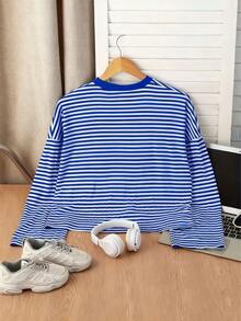 Plus Size Women's Striped Print Casual Long Sleeve T-Shirt, Spring/Autumn - Blue - View 3