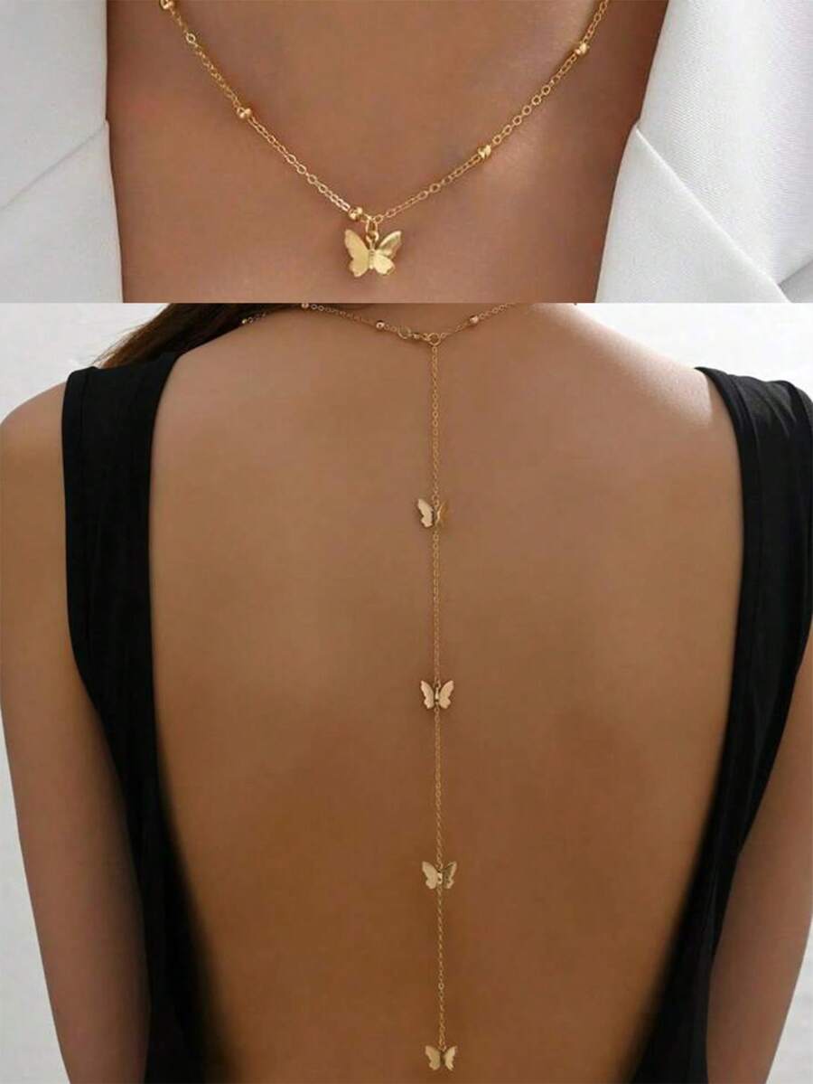 1 chiếc vòng cổ hở lưng gợi cảm, mặt dây chuyền hình nơ tối giản, phụ kiện vòng cổ dài dành cho nữ. - Loại bướm - Xem 1