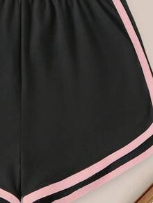 女童字母印花短袖上衣和短裤两件套，适合夏季日常休闲穿着 - 黑色 - 查看 5