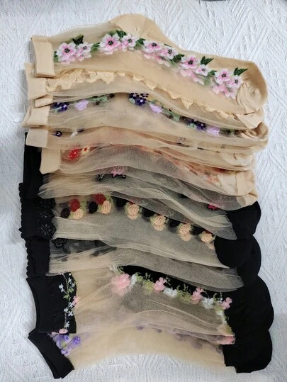 1/5 pares de calcetines de media caña transparentes con estampado floral y encaje para mujeres, calcetines de media caña de seda de vidrio ultrafinos, calcetines de media caña con lazo dulce, calcetines transparentes de malla y lunares respirables, calcetines decorativos de malla para combinar con zapatos de cuero y sandalias, adecuados para primavera, verano y otoño