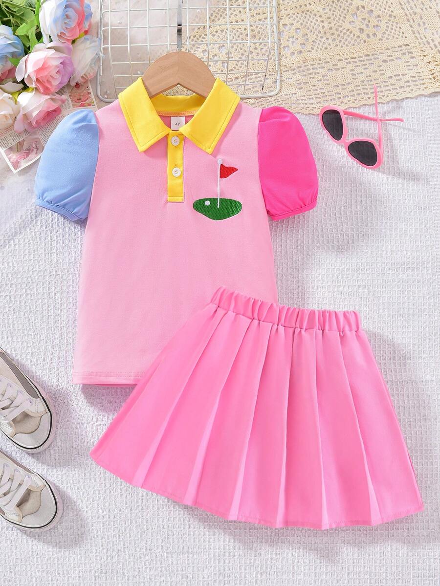 Bộ đồ mùa hè cho bé gái, kiểu dáng thường ngày, dễ thương, gồm áo polo thêu và chân váy xếp ly. - Nhiều màu - Xem 1