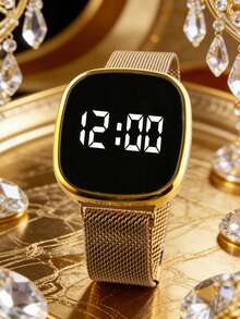 Fashionable Square Touchscreen Watch For Teenagers, Gold Water Drop Bracelet, Necklace, Ring, Earring Set, Magnetic Alloy Strap, Non-Rechargeable Battery, Suitable For Daily, Party, Gift - Gold - View 6