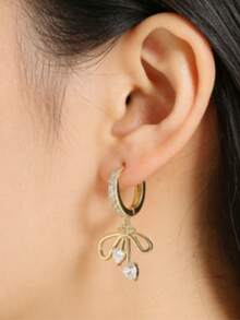 1 Pair Copper Zirconia Encrusted Cute Bow Pendant Earrings, Fashionable Versatile Gift For Women - Butterfly - View 2