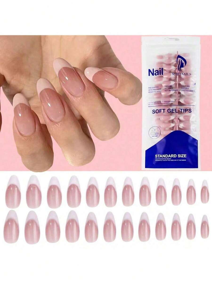 60pcs French Gel Nail Stickers, Short Almond Shape Gel Nail Stickers, French Nail Stickers With Adhesive, 3-In-1 Pre-Designed French Gel Nail Stickers, DIY Fake Nails - Dusty Pink - View 1